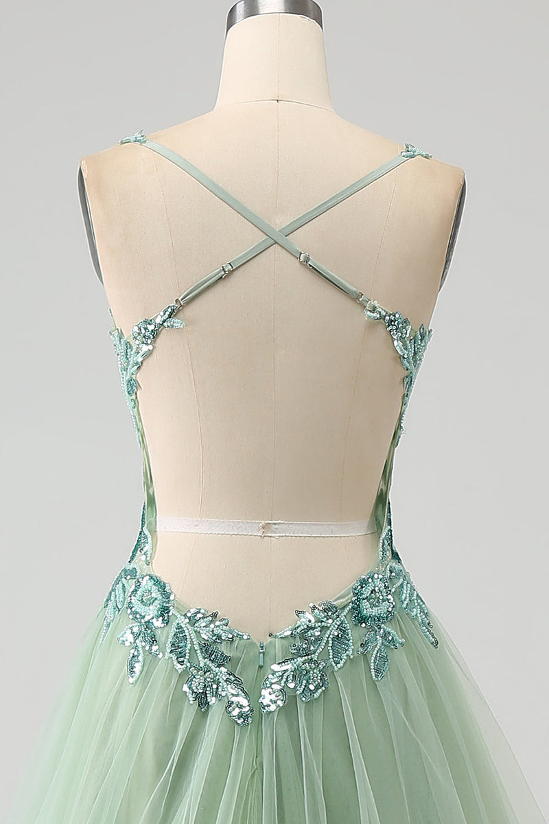 Load image into Gallery viewer, Gorgeous A Line V Neck Light Green Long Prom Dress with Appliques