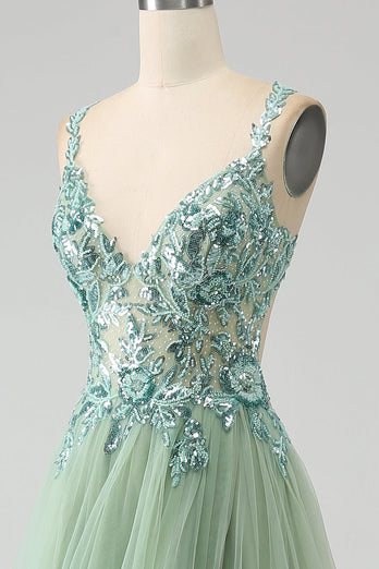 Gorgeous A Line V Neck Light Green Long Prom Dress with Appliques