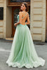 Load image into Gallery viewer, A-Line V Neck Split Tulle Light Green Prom Dress with Appliqued Beading