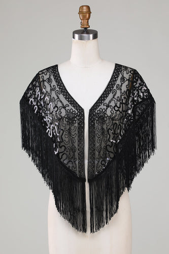 Black Sequins Glitter 1920s Cape with Fringes