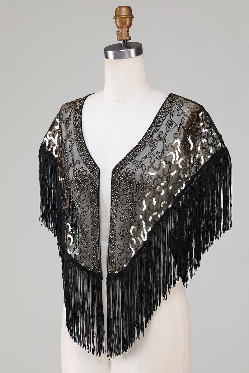 Load image into Gallery viewer, Black Sequins Glitter 1920s Cape with Fringes