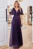Load image into Gallery viewer, Sparkly V-Neck Purple Formal Dress with Short Sleeves