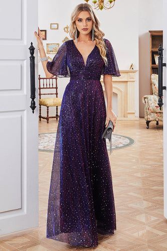 Sparkly V-Neck Purple Formal Dress with Short Sleeves