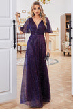 Sparkly V-Neck Purple Formal Dress with Short Sleeves