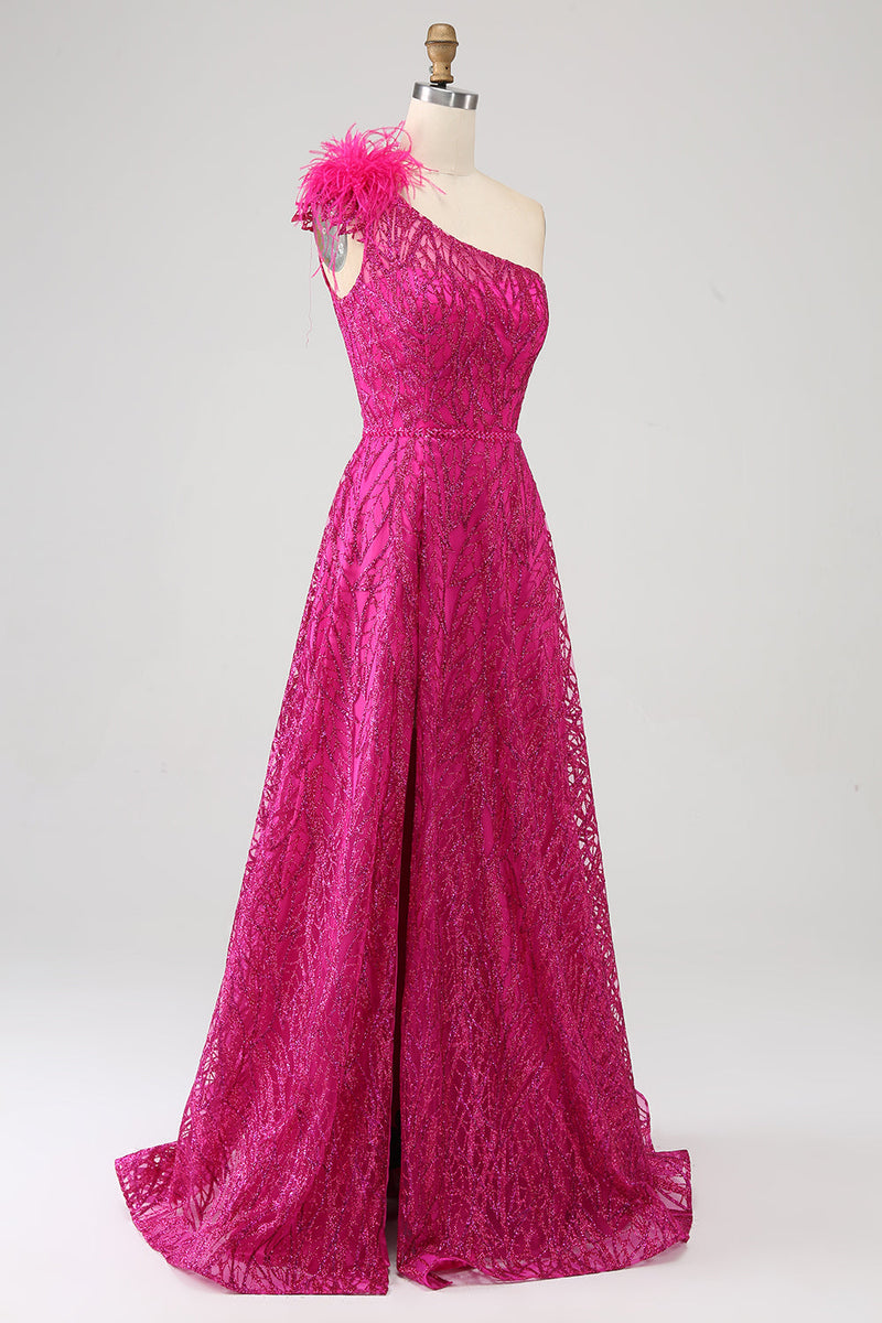 Load image into Gallery viewer, Fuchsia A-Line One Shoulder Feather Sequin Long Prom Dress With Slit