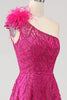 Load image into Gallery viewer, Fuchsia A-Line One Shoulder Feather Sequin Long Prom Dress With Slit