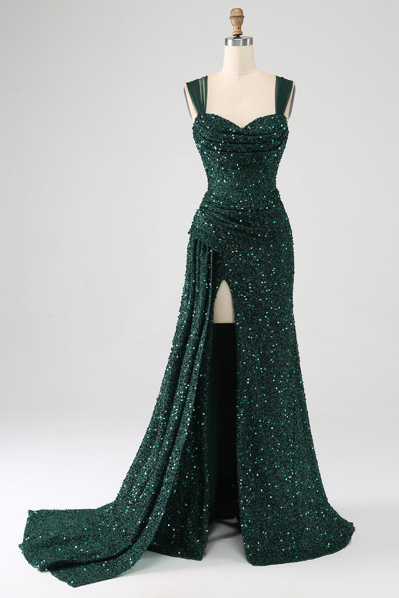 Load image into Gallery viewer, Dark Green Sheath Sparkly Sequin Pleated Long Prom Dress With Thigh Split