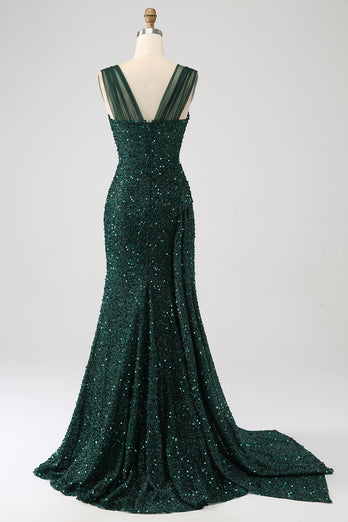 Dark Green Sheath Sparkly Sequin Pleated Long Prom Dress With Thigh Split