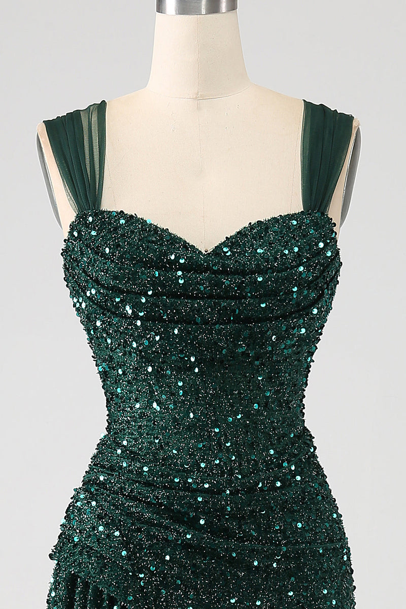 Load image into Gallery viewer, Dark Green Sheath Sparkly Sequin Pleated Long Prom Dress With Thigh Split