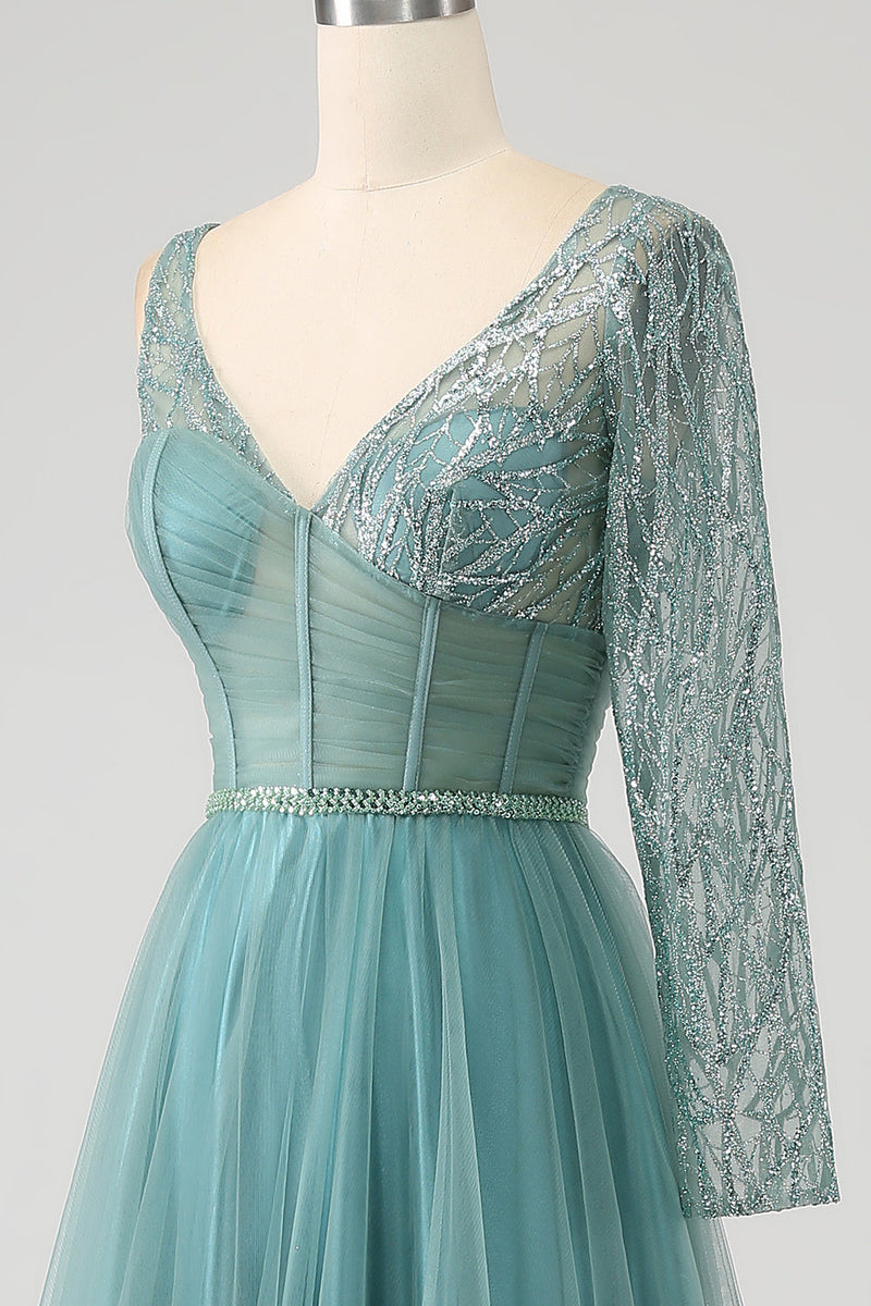 Load image into Gallery viewer, Grey Green A-Line Sparkly Sequin Long Corset Prom Dress