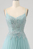 Load image into Gallery viewer, Sparkly Light Green A-Line Sequin Applique Corset Prom Dress With Slit
