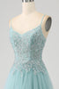 Load image into Gallery viewer, Sparkly Light Green A-Line Sequin Applique Corset Prom Dress With Slit