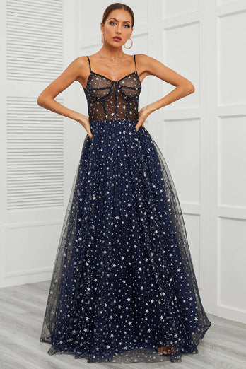 Spaghetti Straps Navy Long Prom Dress with Star
