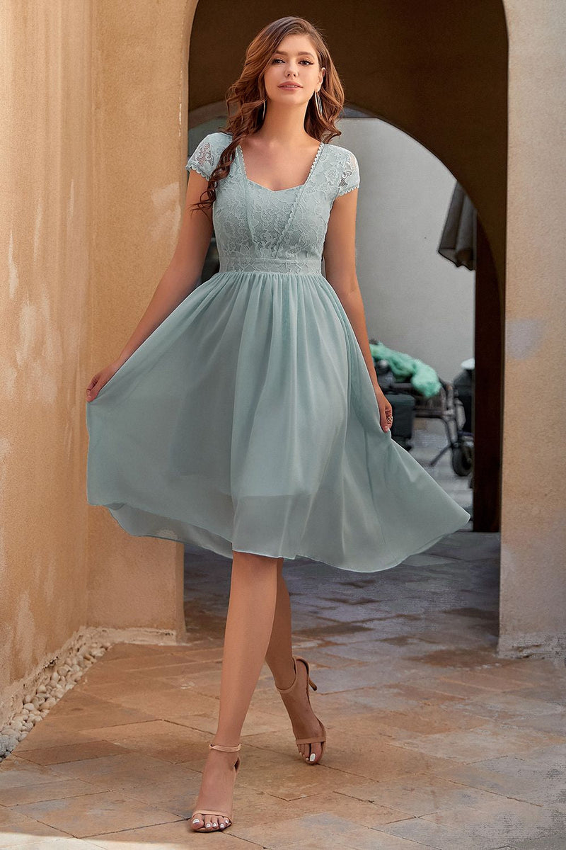 Load image into Gallery viewer, Blue Chiffon Wedding Guest Dress with Lace