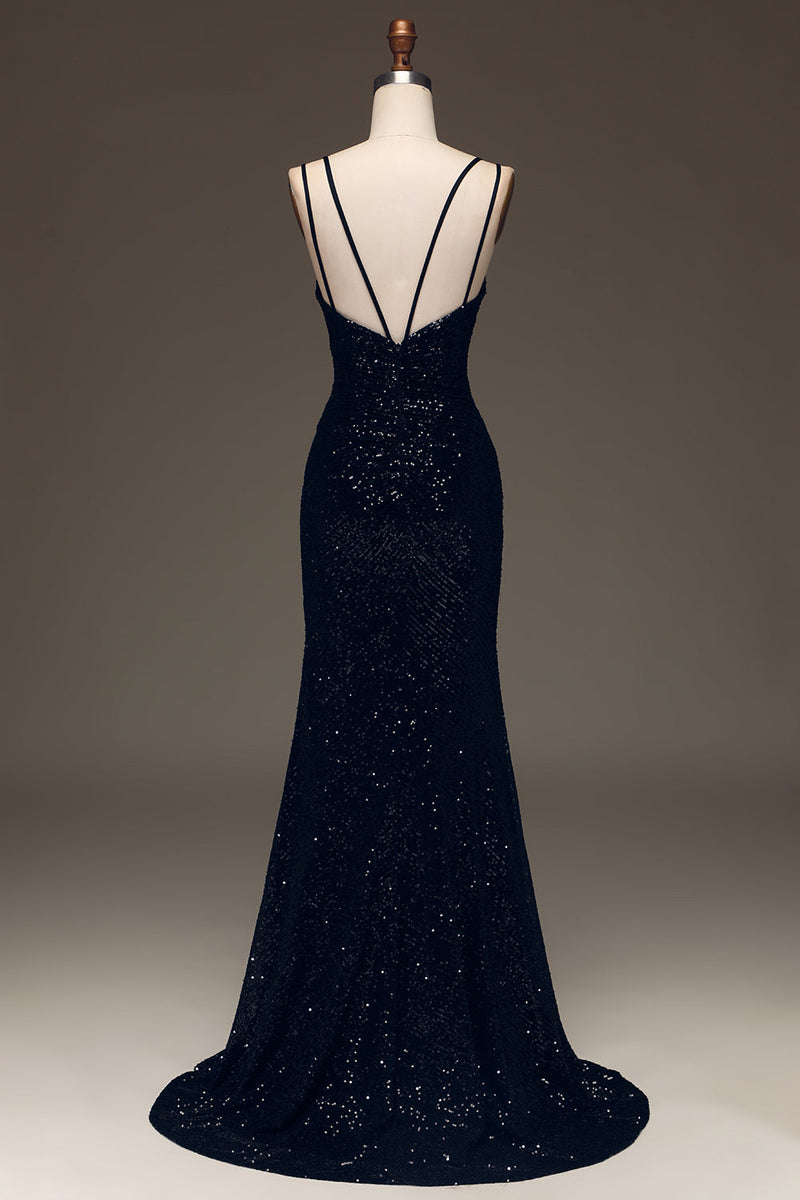 Load image into Gallery viewer, Black Sparkly Sequin Mermaid Long Prom Dress With Slit