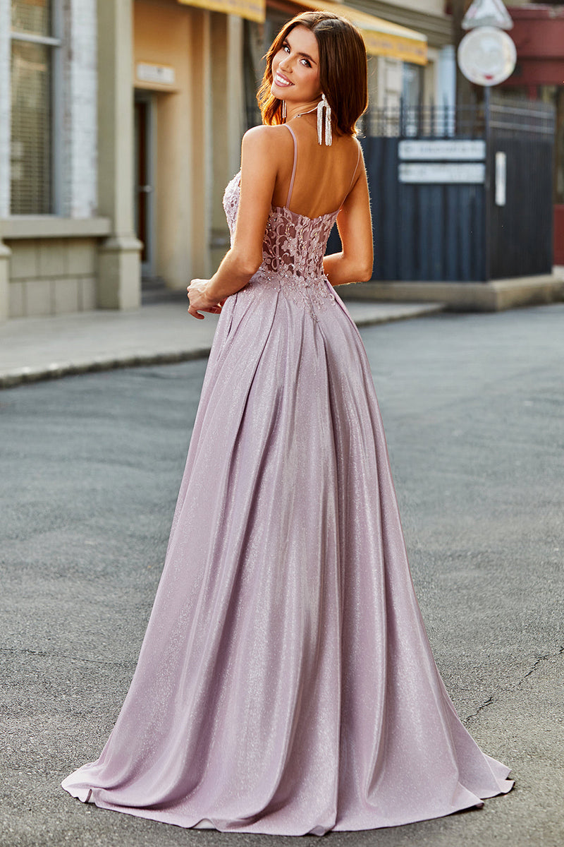 Load image into Gallery viewer, Sparkly A-Line Spaghetti Straps Blush Prom Dress with Beading