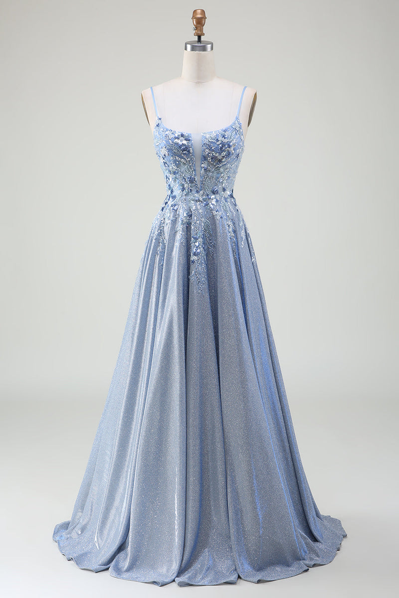 Load image into Gallery viewer, Glitter A-Line Spaghetti Straps Grey Blue Prom Dress