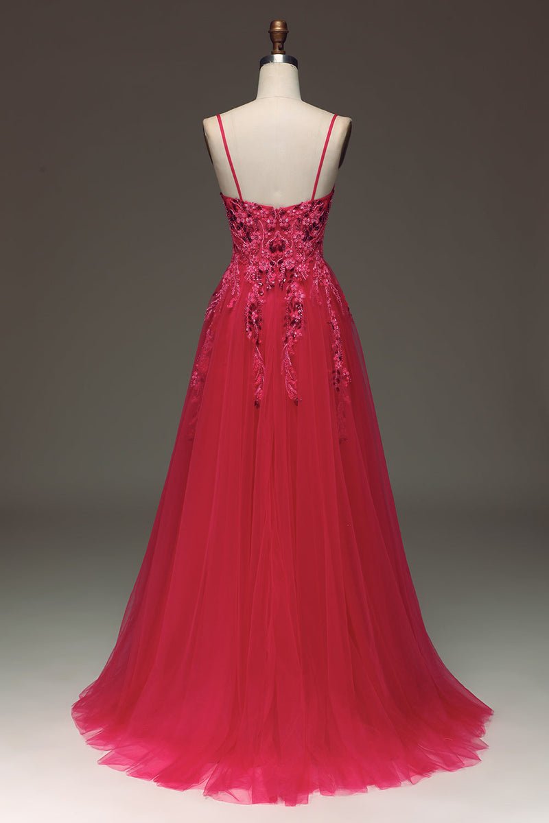 Load image into Gallery viewer, Spaghetti Straps A Line Red Prom Dress with Appliques
