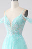 Load image into Gallery viewer, Light Green Cold Shoulder Sequins Prom Dress