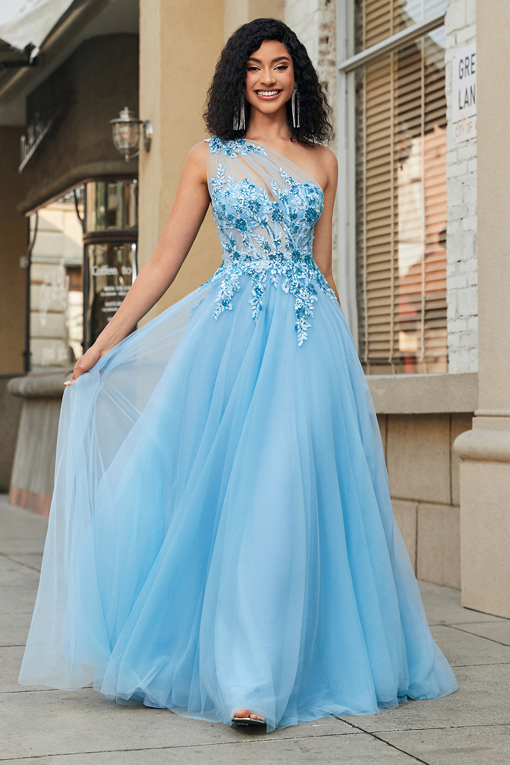 Gorgeous A Line One Shoulder Light Blue Corset Prom Dress with Appliques Gorgeous A Line One Shoulder Light Blue Corset Prom Dress with Appliques