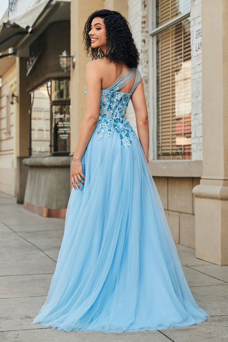 Load image into Gallery viewer, Gorgeous A Line One Shoulder Light Blue Corset Prom Dress with Appliques