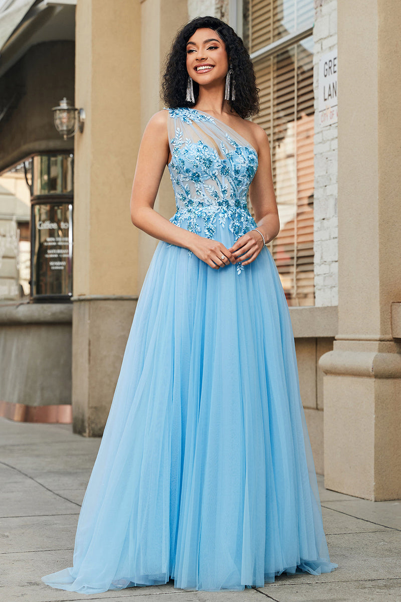 Load image into Gallery viewer, Gorgeous A Line One Shoulder Light Blue Corset Prom Dress with Appliques