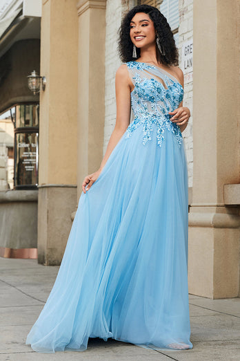 Gorgeous A Line One Shoulder Light Blue Corset Prom Dress with Appliques