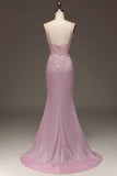 Trendy Mermaid Spaghetti Straps Blush Long Prom Dress with Beading