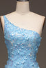 Load image into Gallery viewer, Light Blue Mermaid One Shoulder Side Slit Sequin Prom Dress with Appliques