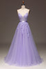 Load image into Gallery viewer, Purple A-Line Spaghetti Straps Long Beaded and Tulle Prom Dress with Appliques