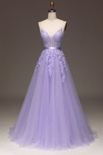 Purple A-Line Spaghetti Straps Long Beaded and Tulle Prom Dress with Appliques