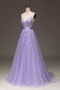 Load image into Gallery viewer, Purple A-Line Spaghetti Straps Long Beaded and Tulle Prom Dress with Appliques
