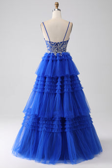 Royal Blue Tiered Prom Dress with Sequins