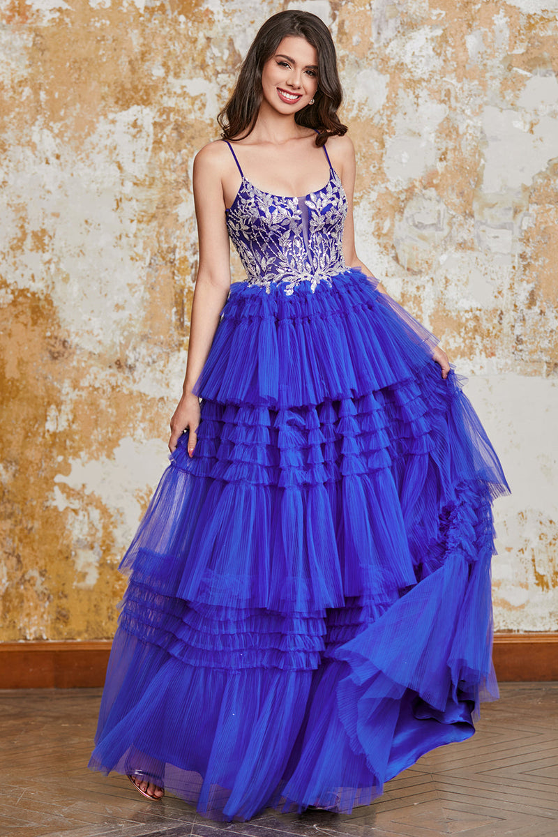 Load image into Gallery viewer, Gorgeous A Line Spaghetti Straps Royal Blue Long Prom Dress with Ruffles Appliques