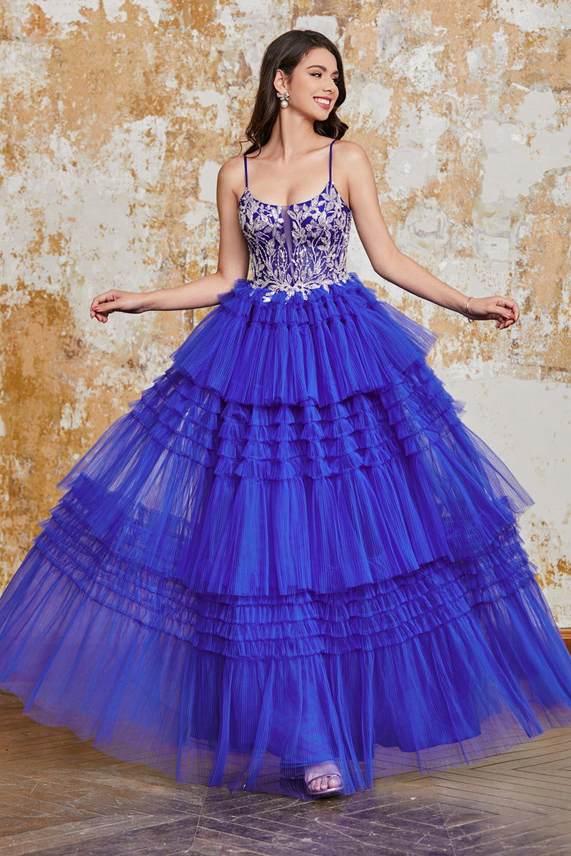 Load image into Gallery viewer, Gorgeous A Line Spaghetti Straps Royal Blue Long Prom Dress with Ruffles Appliques