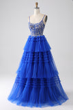 Royal Blue Tiered Prom Dress with Sequins