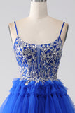 Royal Blue Tiered Prom Dress with Sequins