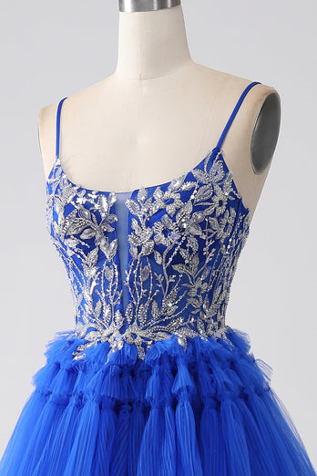 Royal Blue Tiered Prom Dress with Sequins