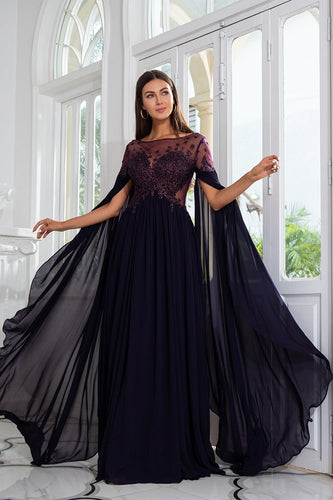 Luxurious A Line Bateau Long Mother Dress with Long Sleeves