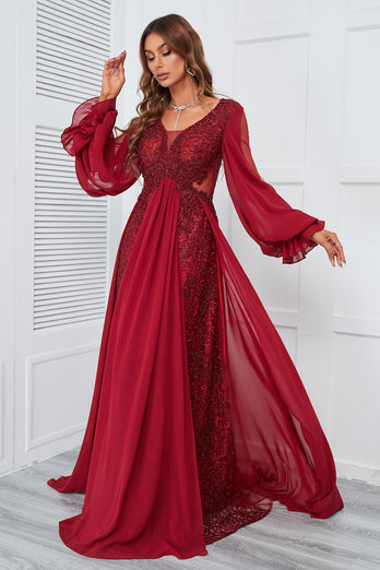 Burgundy Beaded Long Prom Dress with Lace