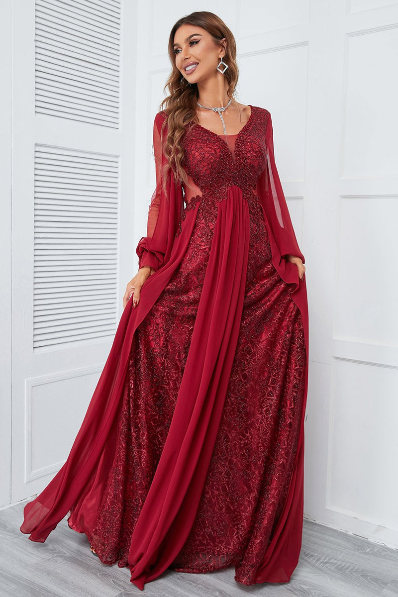 Load image into Gallery viewer, Burgundy Beaded Long Prom Dress with Lace