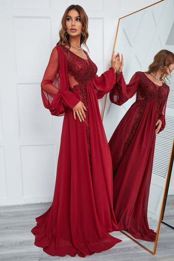 Burgundy Beaded Long Prom Dress with Lace