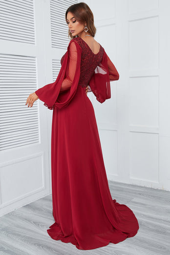 Burgundy Beaded Long Prom Dress with Lace