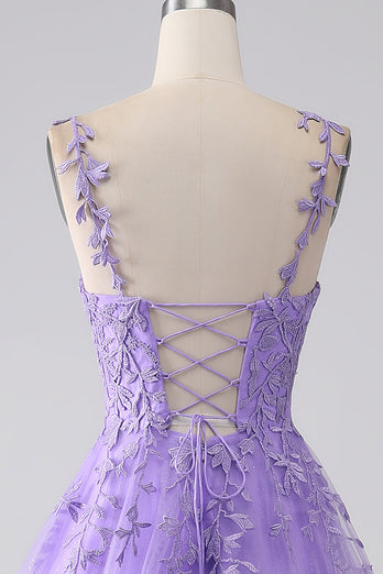 Lilac A-Line Spaghetti Straps Long Prom Dress with Appliques