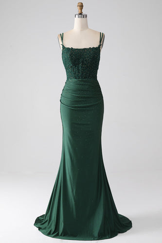 Dark Green Mermaid Spaghetti Straps Long Corset Prom Dress