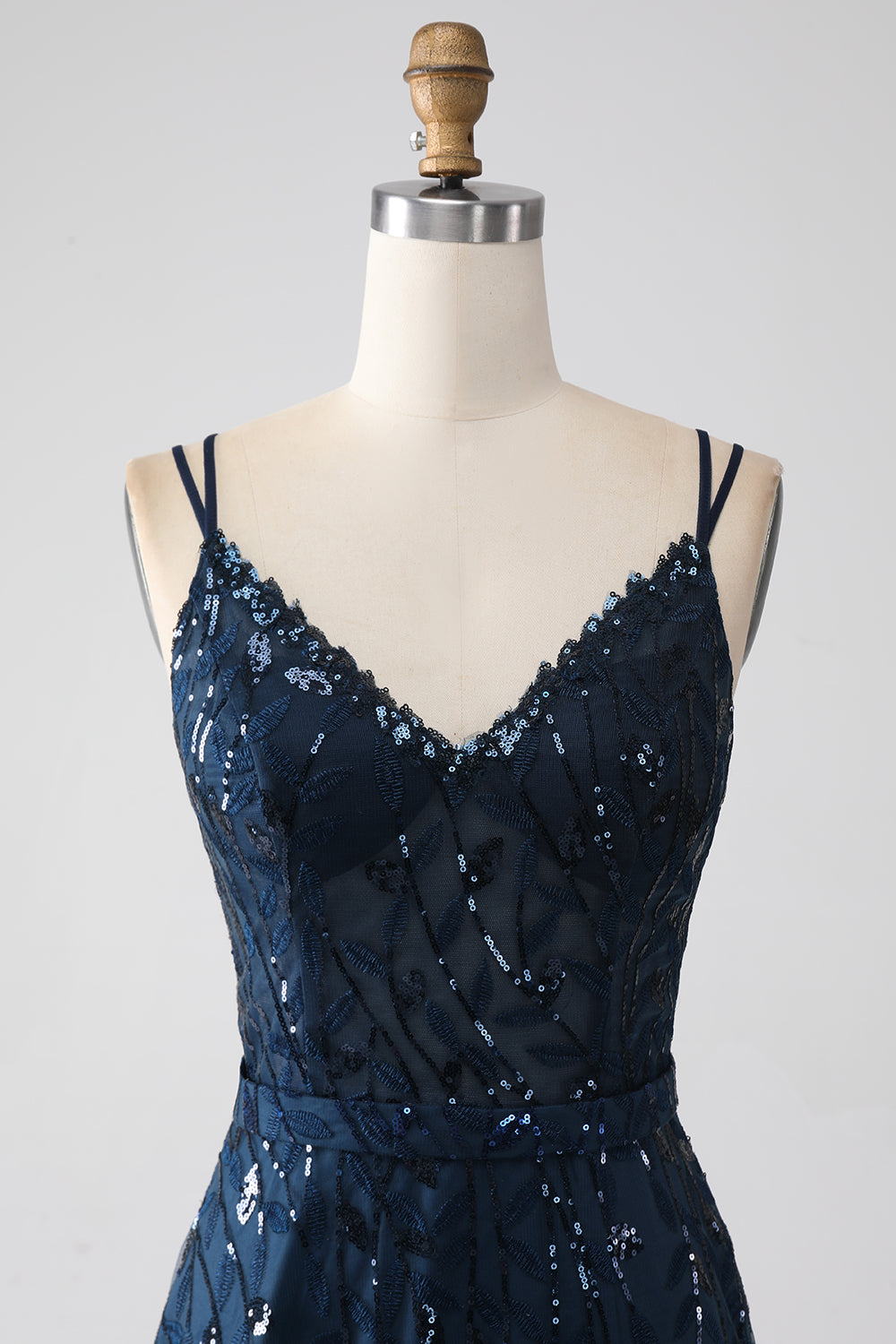 Simple Spaghetti Straps Navy Blue Satin Pleated Slit Long Prom Dress Evening Dress Y7988 main image 0