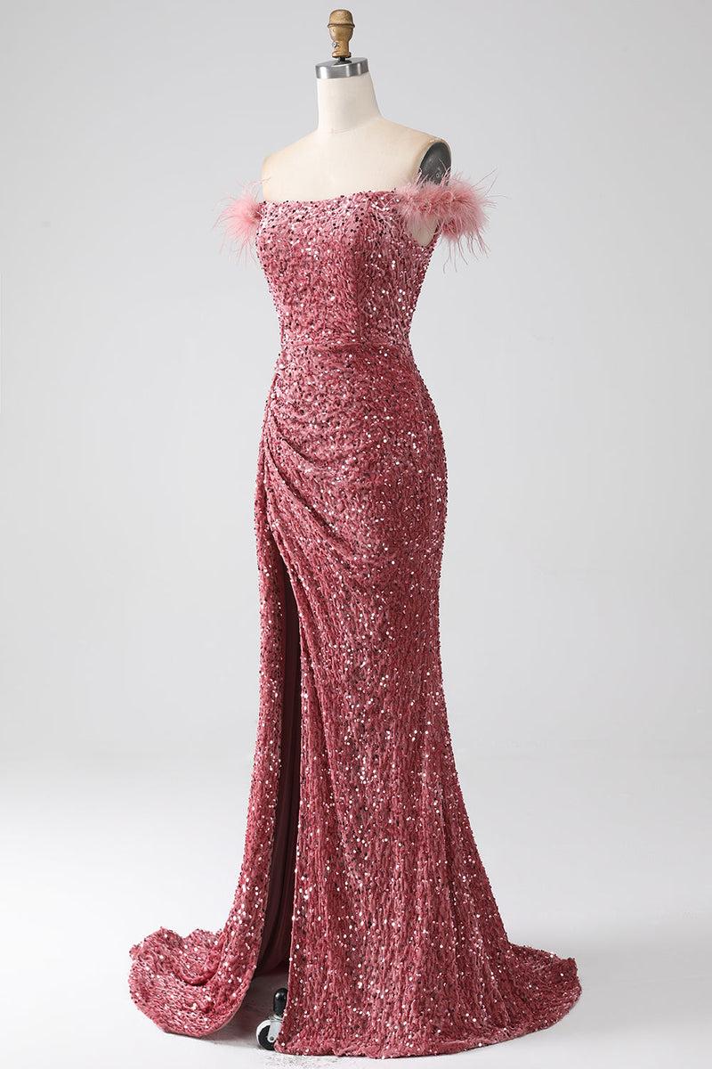 Load image into Gallery viewer, Mermaid Off the Shoulder Blush Sequins Prom Dress with Slit