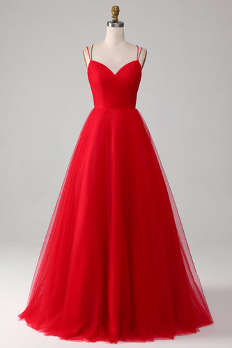 Red Tulle A-line Princess Prom Dress with Lace-up Back