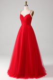 Red Tulle A-line Princess Prom Dress with Lace-up Back
