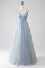 Load image into Gallery viewer, A-Line Spaghetti Straps Grey Blue Prom Dress with Beading